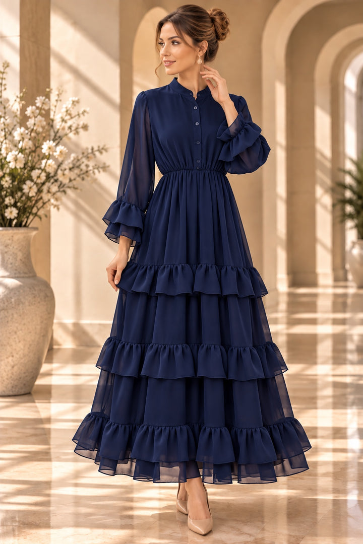 Celeste | Chiffon Ruffle Tiered Dress — Navy (front)