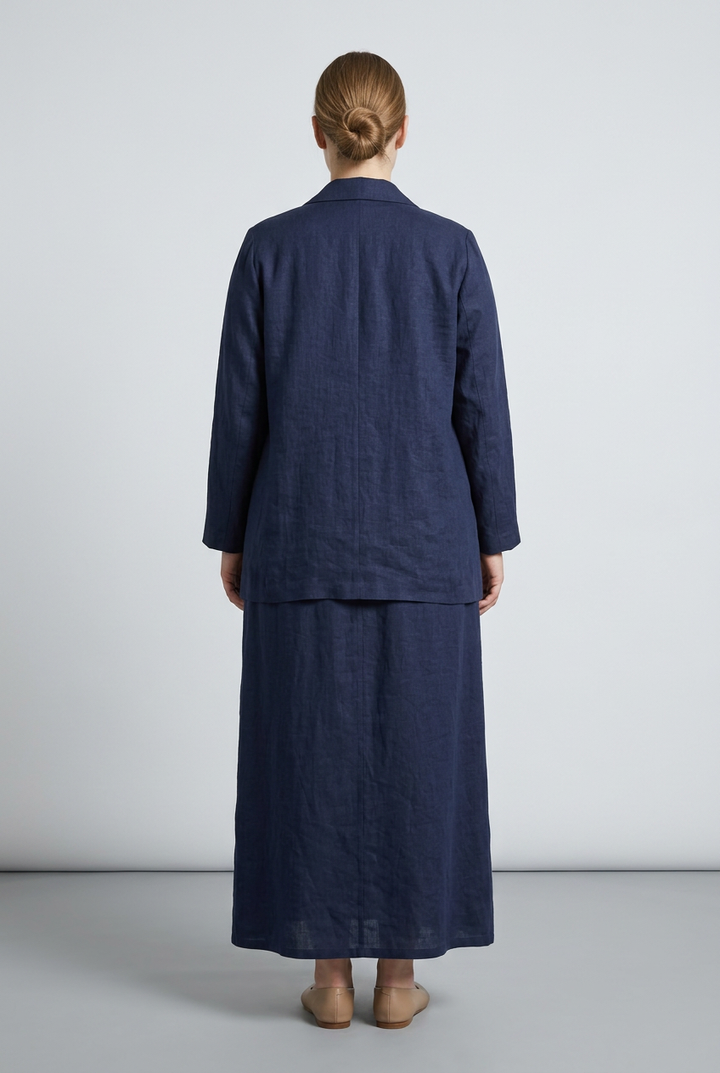 Selene | Linen Blazer Dress Set — Navy (back)