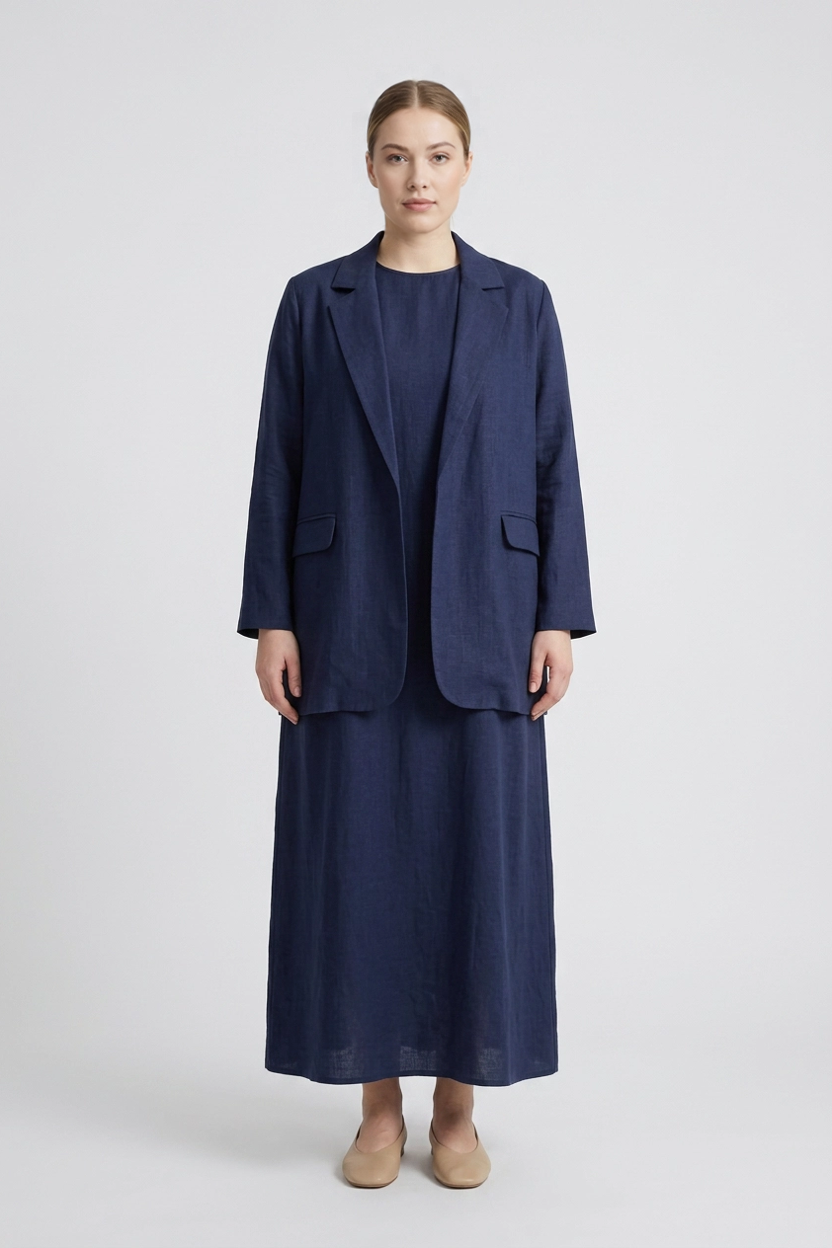 Selene | Linen Blazer Dress Set — Navy (front)