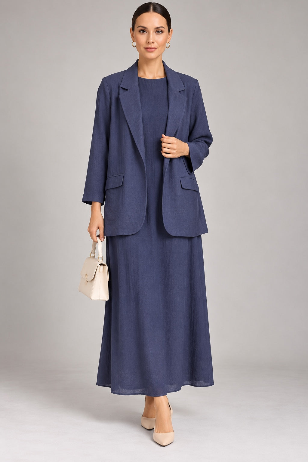 Selene | Linen Blazer Dress Set — Navy (front)