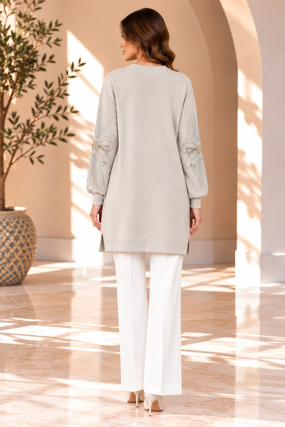 Nyx | Bow Sleeve Tunic — Beige (back)