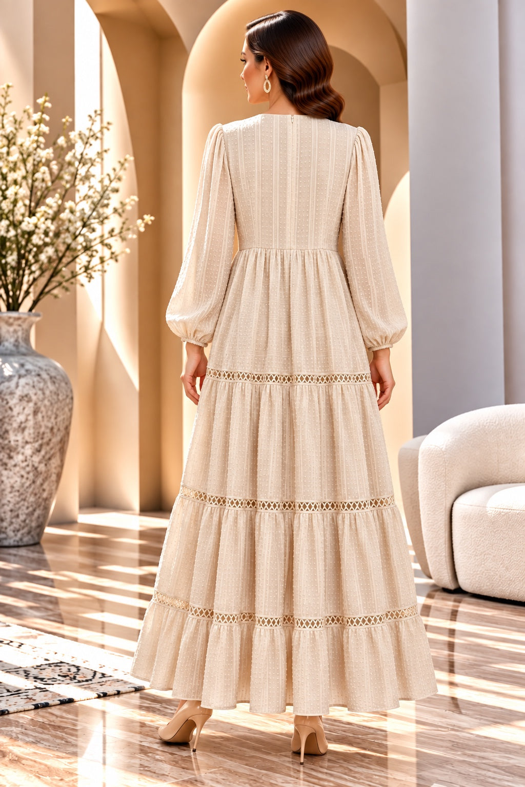 Aurelia | Lace Trim Tiered Dress — Beige (back)
