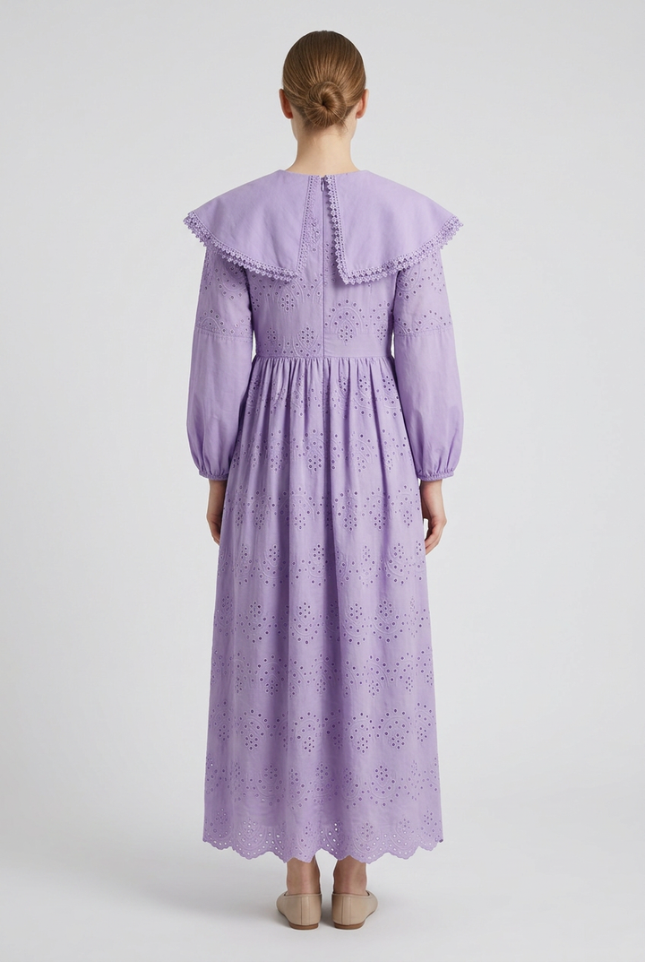 Flora | Eyelet Sailor Collar Dress — Purple (back)