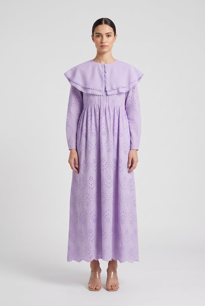 Flora | Eyelet Sailor Collar Dress — Purple (front)