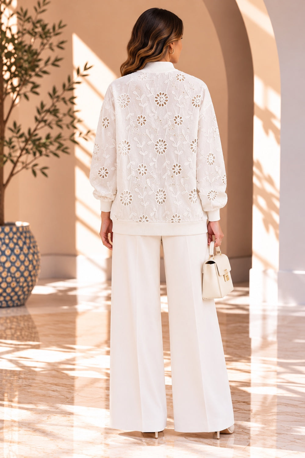 Opal | Eyelet Pearl Bomber Jacket — White (back)