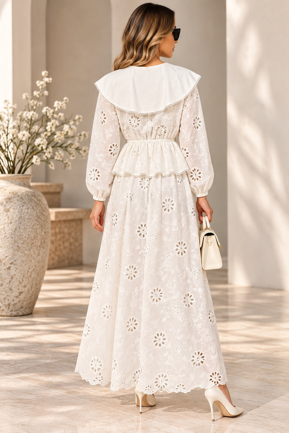 Clara | Eyelet Peter Pan Collar Set — White (back)
