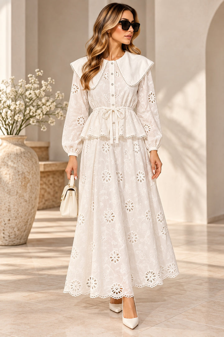 Clara | Eyelet Peter Pan Collar Set — White (front)