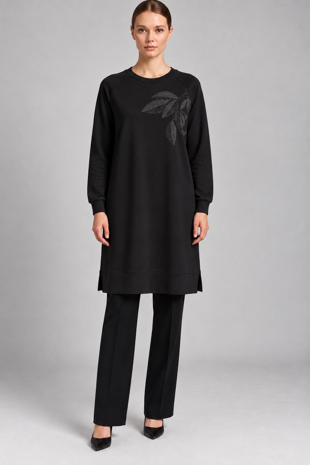 Fern | Leaf Applique Sweatshirt Tunic — Black (front)