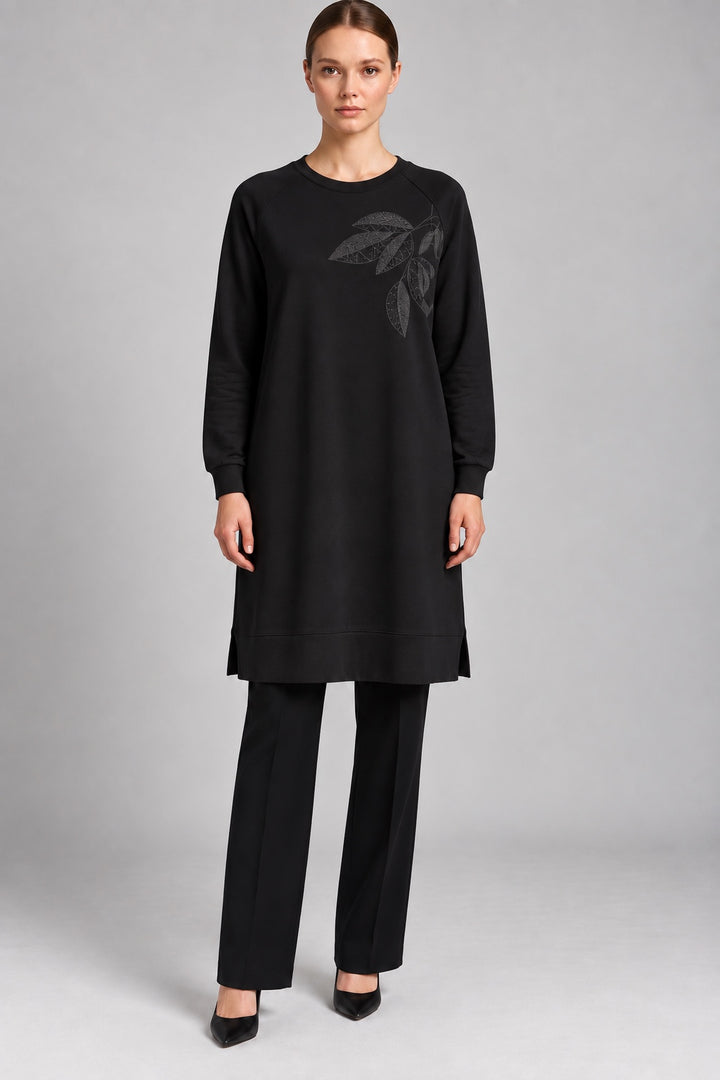 Fern | Leaf Applique Sweatshirt Tunic — Black (front)