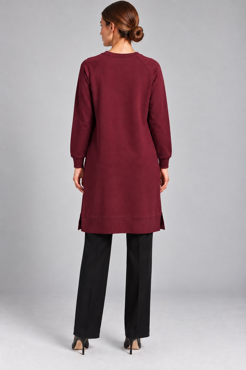Fern | Leaf Applique Sweatshirt Tunic — Burgundy (back)