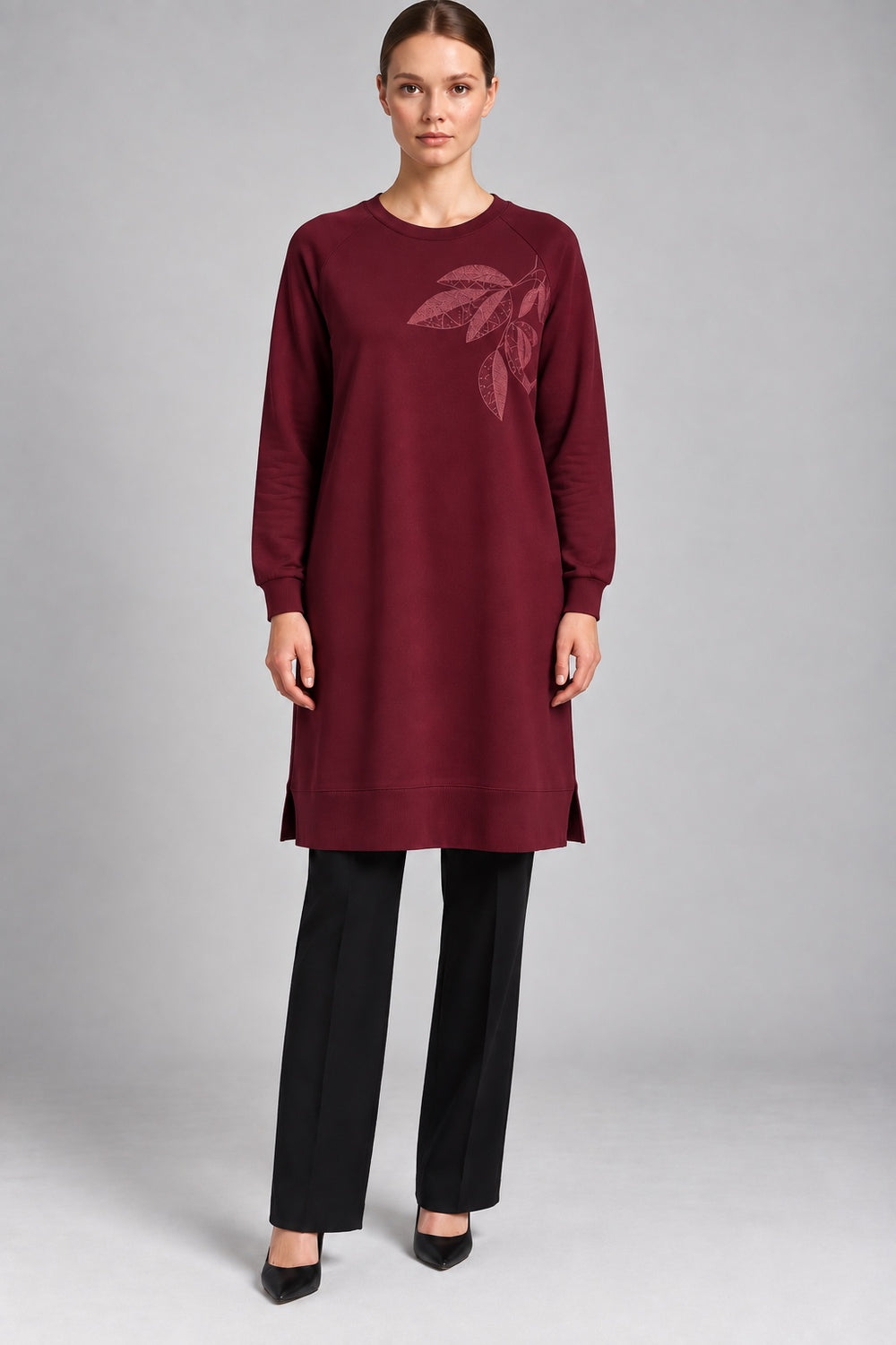 Fern | Leaf Applique Sweatshirt Tunic — Burgundy (front)