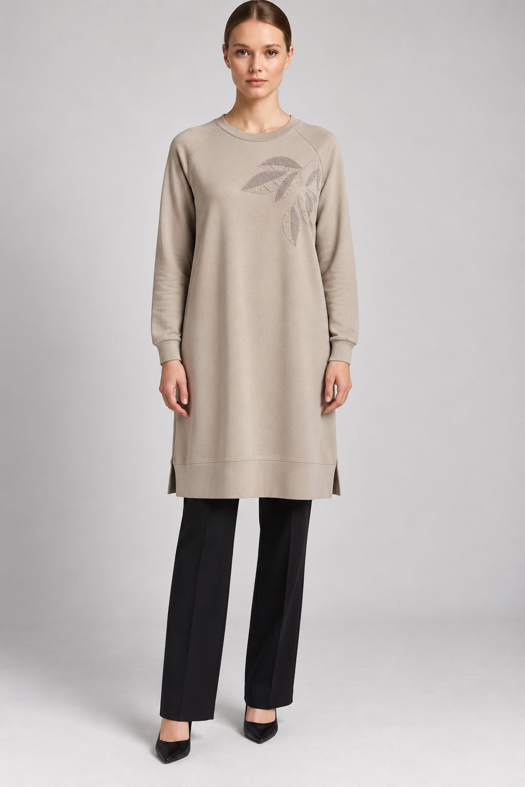Fern | Leaf Applique Sweatshirt Tunic — Vison (front)