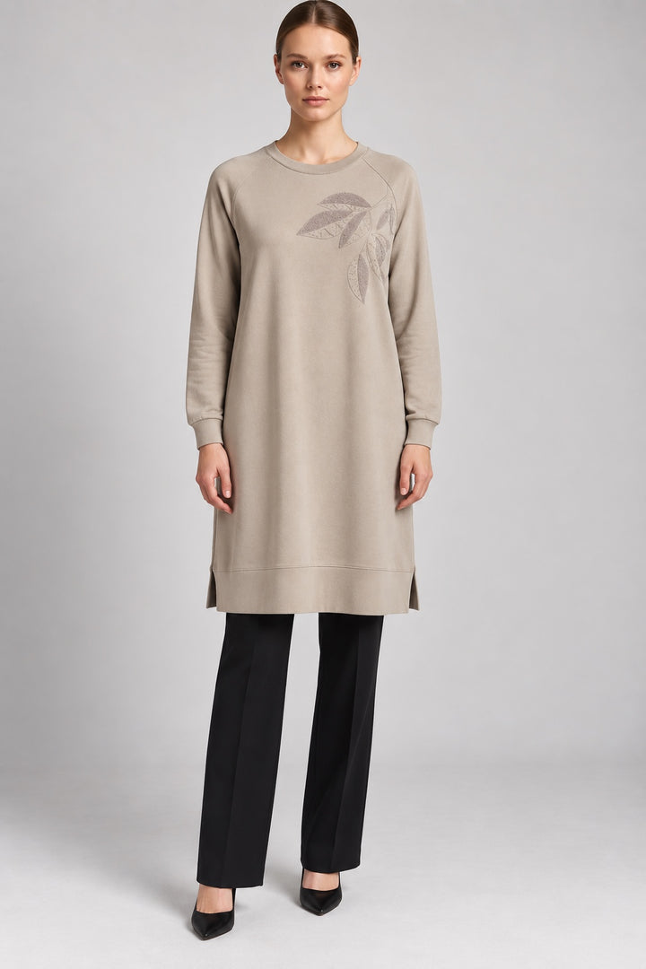 Fern | Leaf Applique Sweatshirt Tunic — Vison (front)