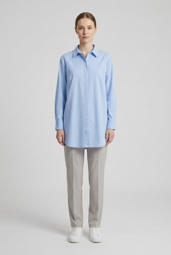 Skye | Oversized Poplin Shirt — Blue (front)