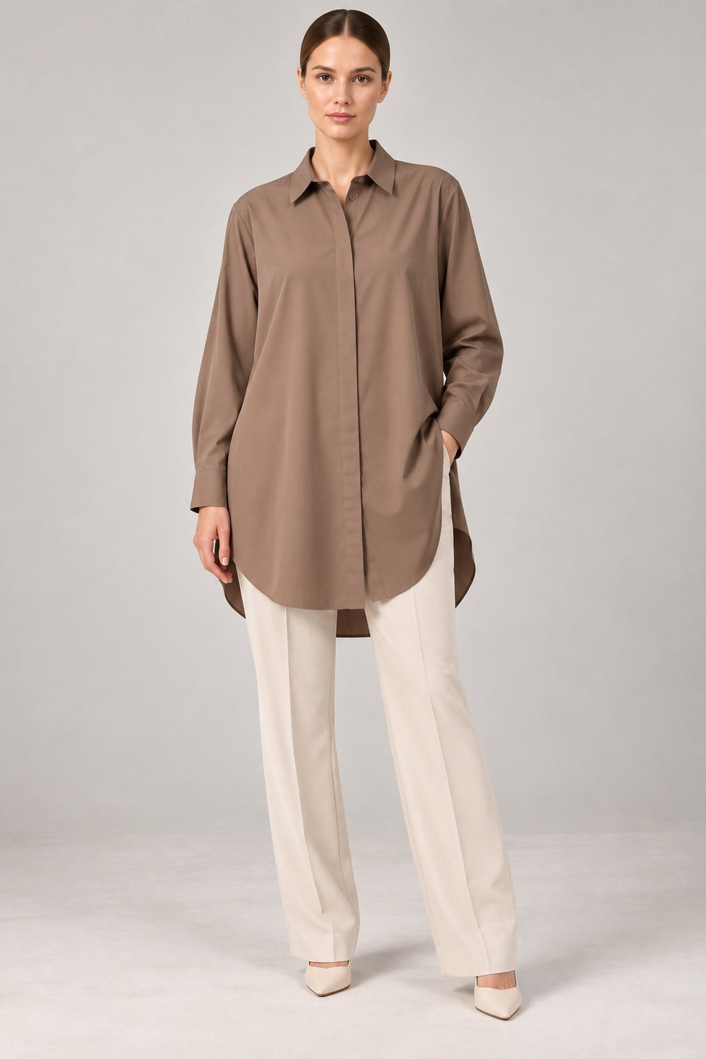 Skye | Oversized Poplin Shirt — Mocha (front)