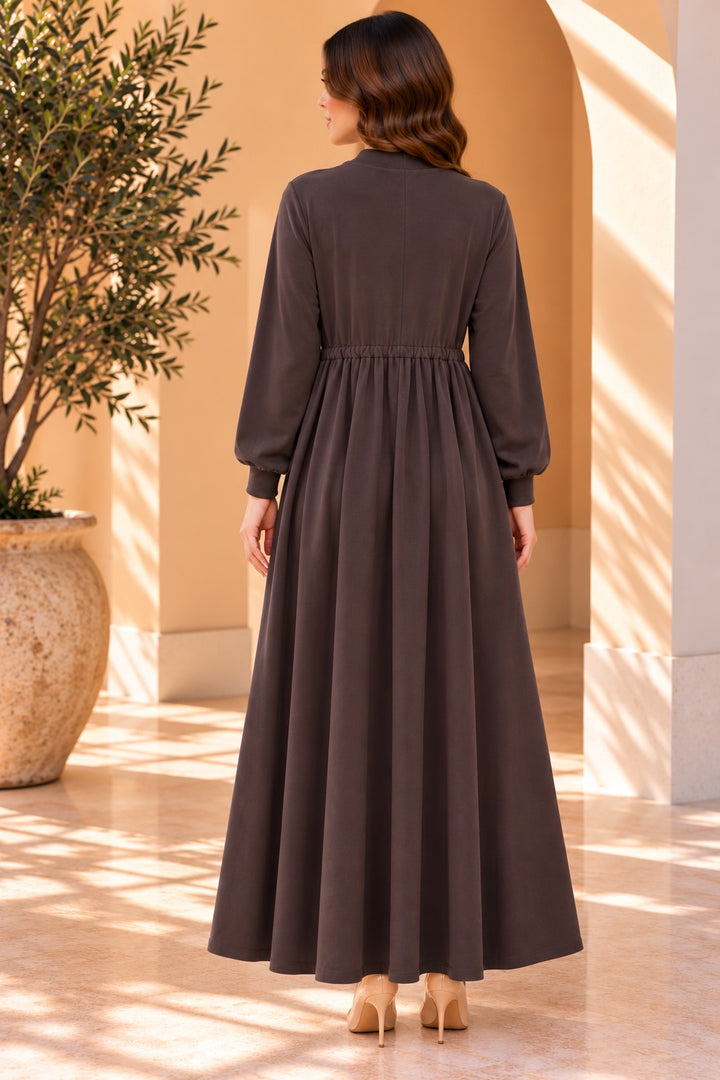 Ada | Tie Neck Drawstring Dress — Brown (back)
