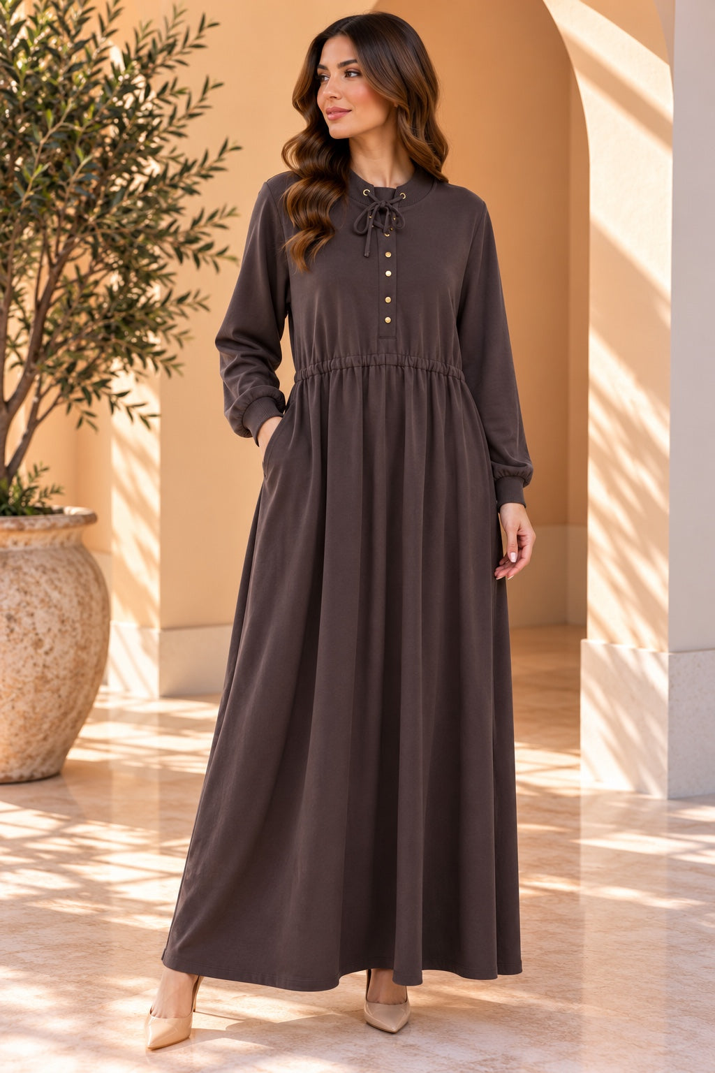 Ada | Tie Neck Drawstring Dress — Brown (front)