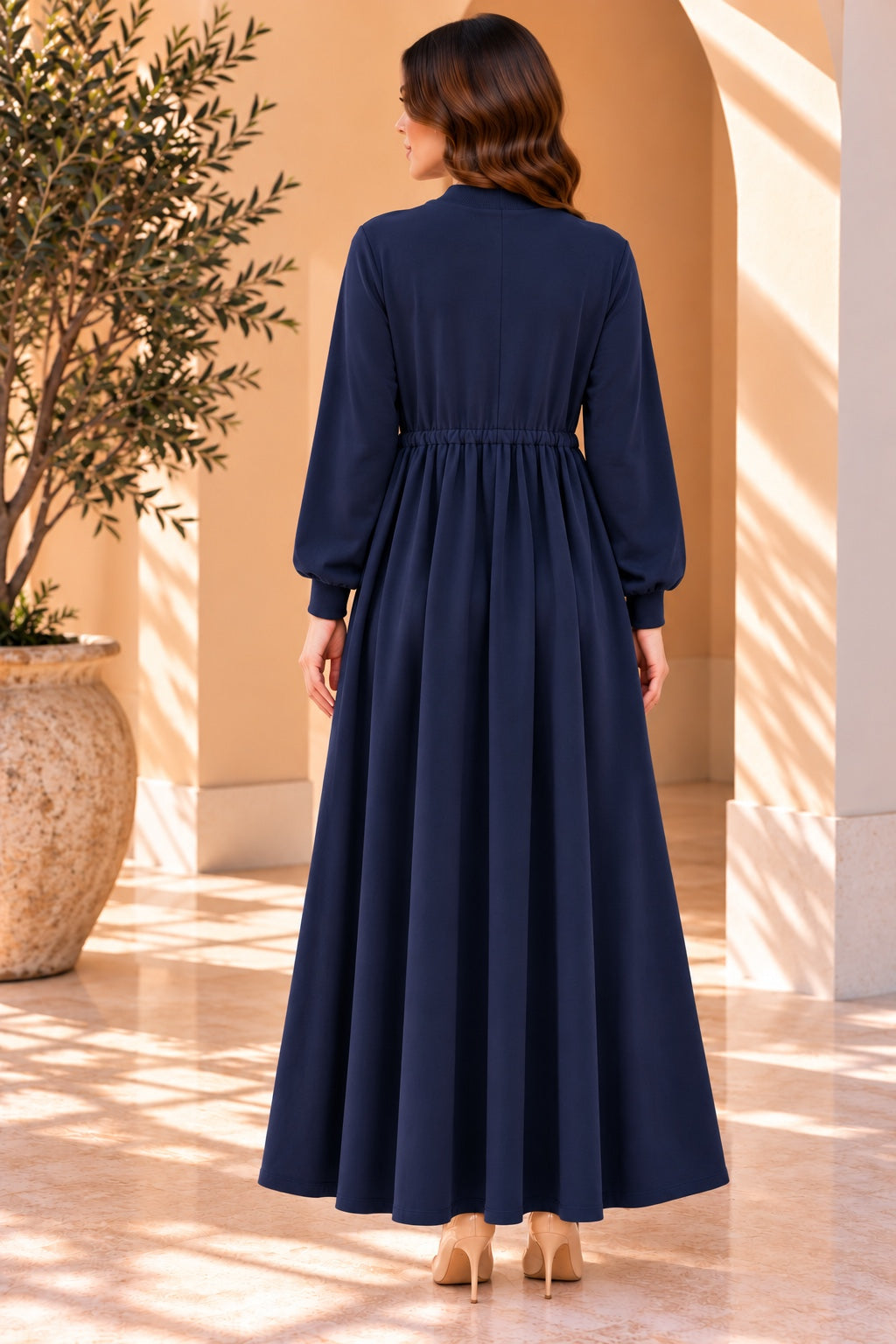 Ada | Tie Neck Drawstring Dress — Navy (back)