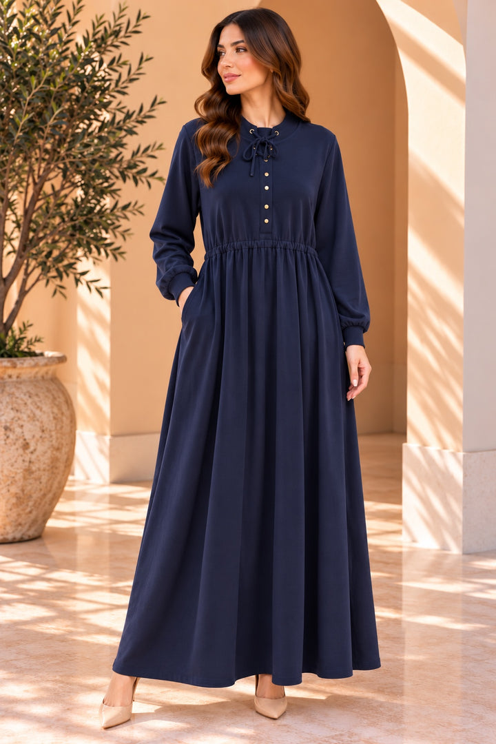 Ada | Tie Neck Drawstring Dress — Navy (front)