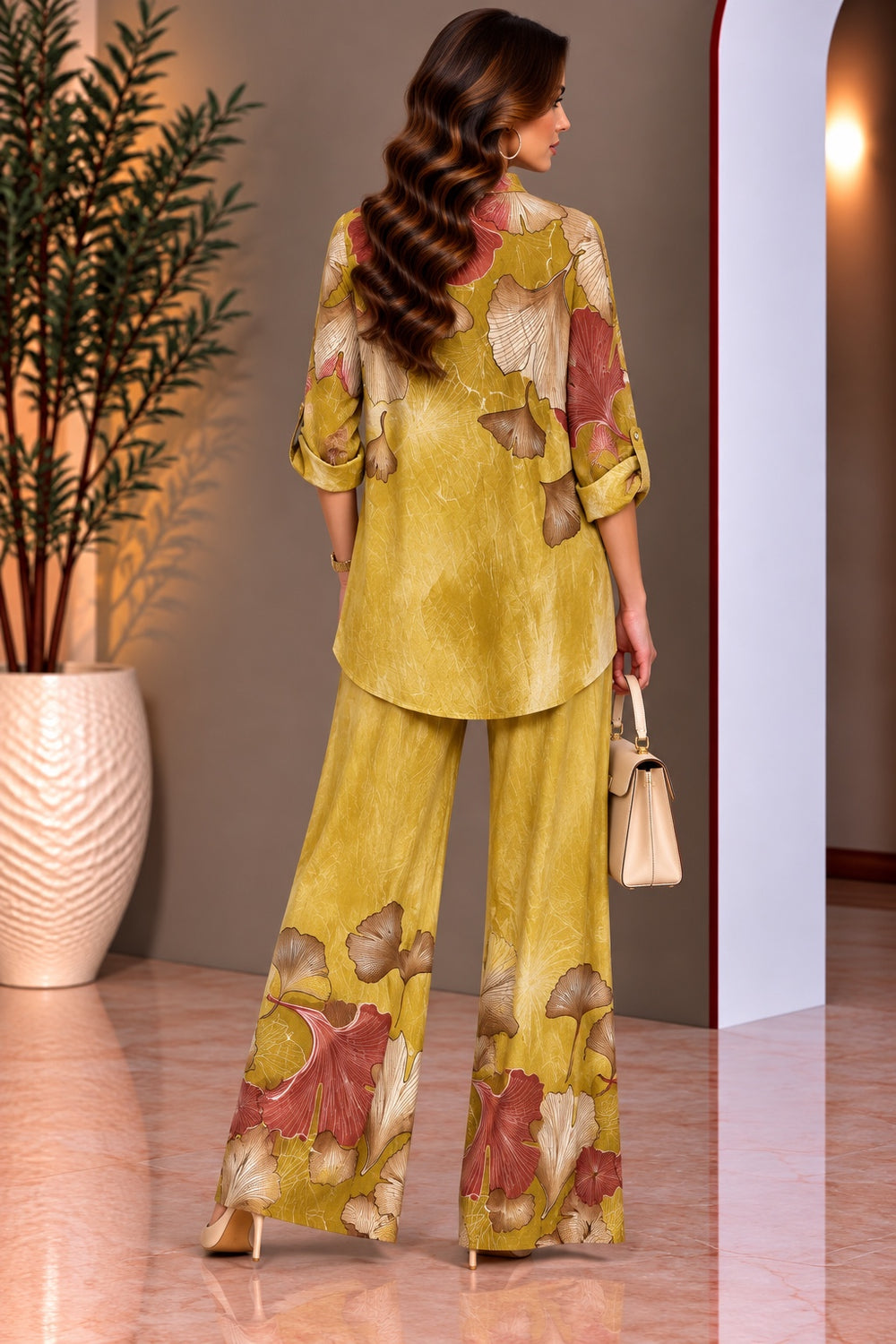 Hana | Ginkgo Print Two-Piece Set — Olive Green (back)