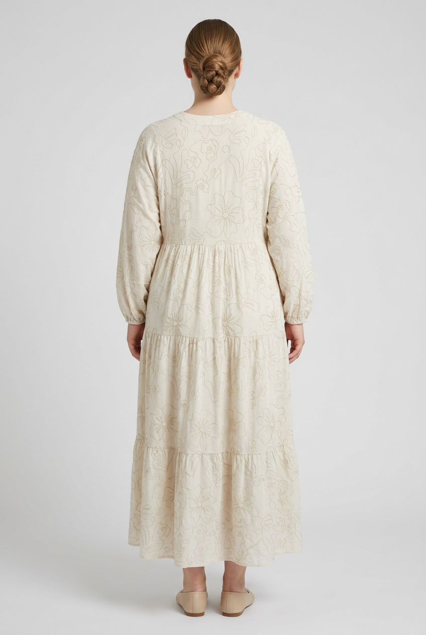 Aura | Embroidered Tiered Dress — Beige (back)