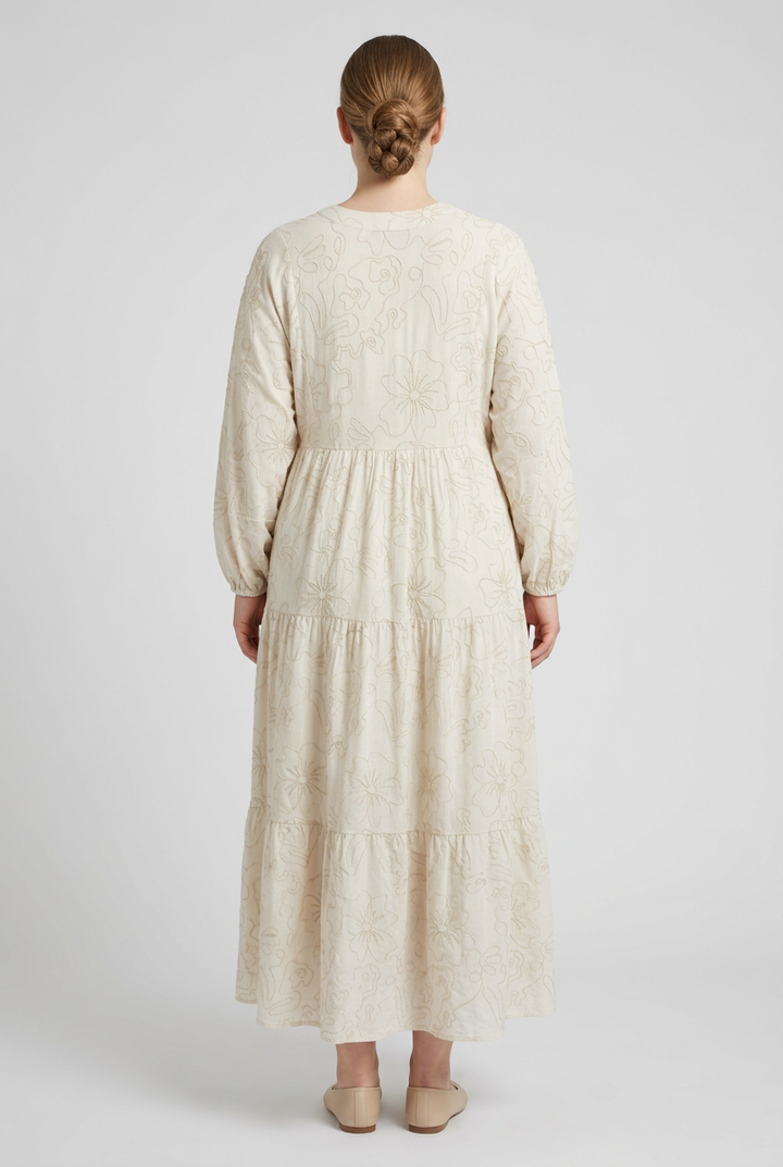 Aura | Embroidered Tiered Dress — Beige (back)