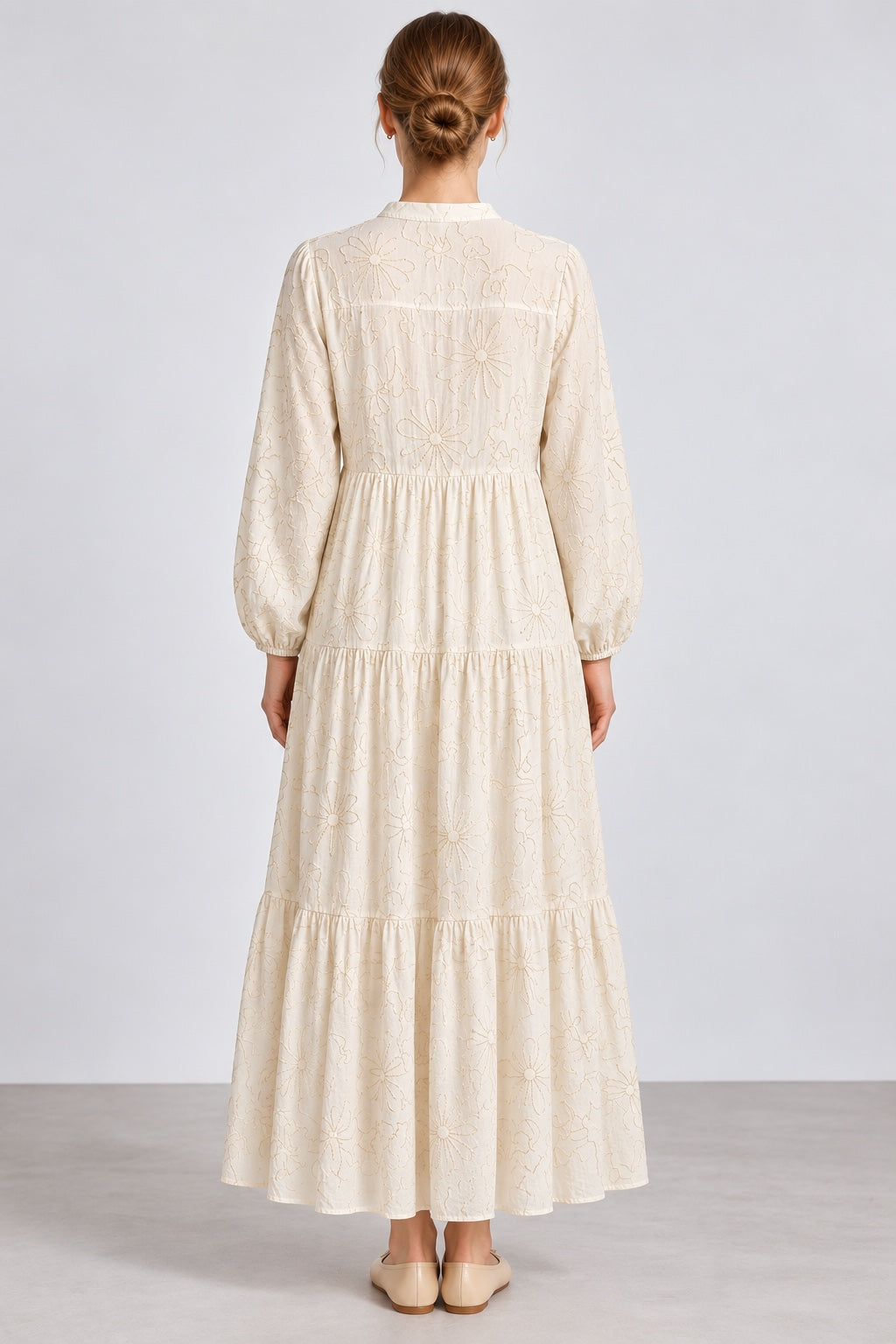 Aura | Embroidered Tiered Dress — Beige (back)