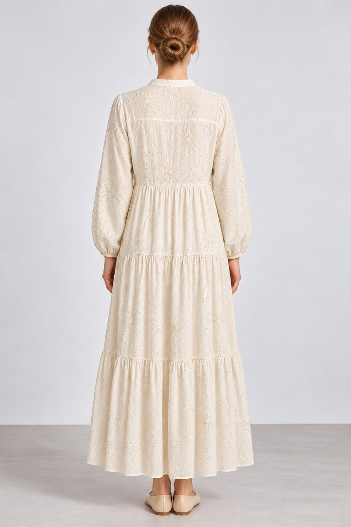 Aura | Embroidered Tiered Dress — Beige (back)