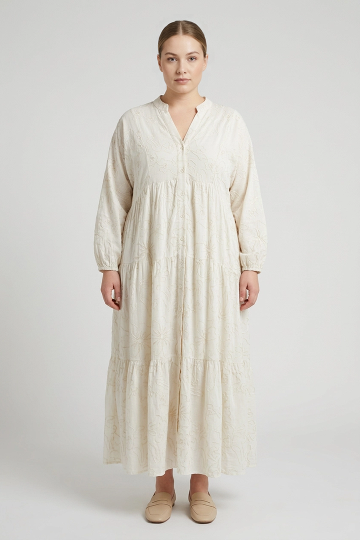 Aura | Embroidered Tiered Dress — Beige (front)