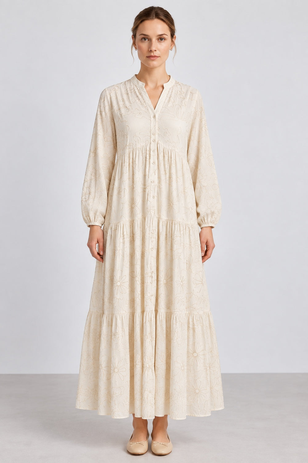 Aura | Embroidered Tiered Dress — Beige (front)