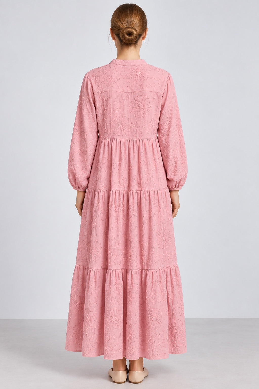 Aura | Embroidered Tiered Dress — Pink (back)
