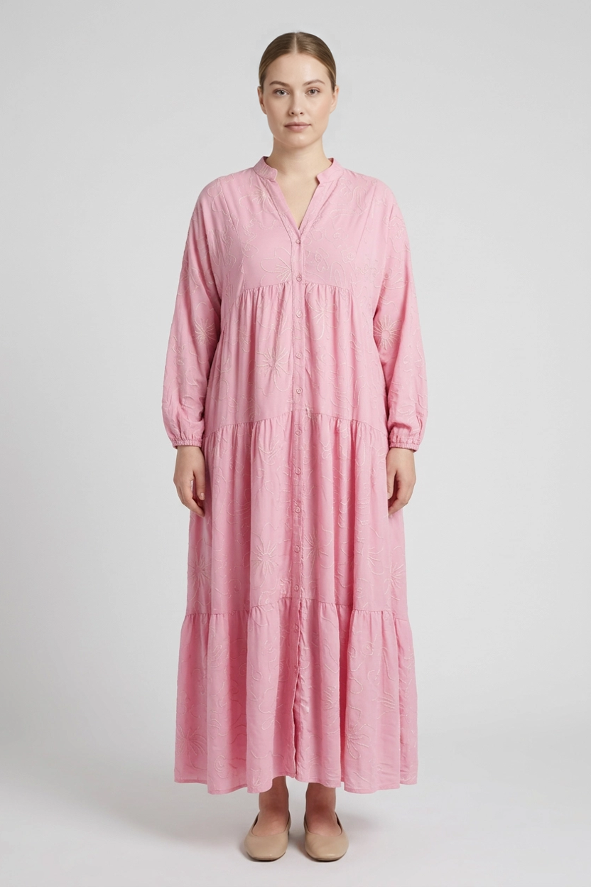 Aura | Embroidered Tiered Dress — Pink (front)