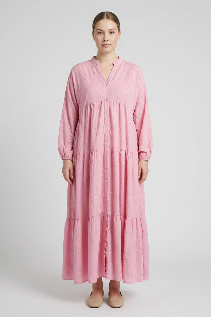 Aura | Embroidered Tiered Dress — Pink (front)
