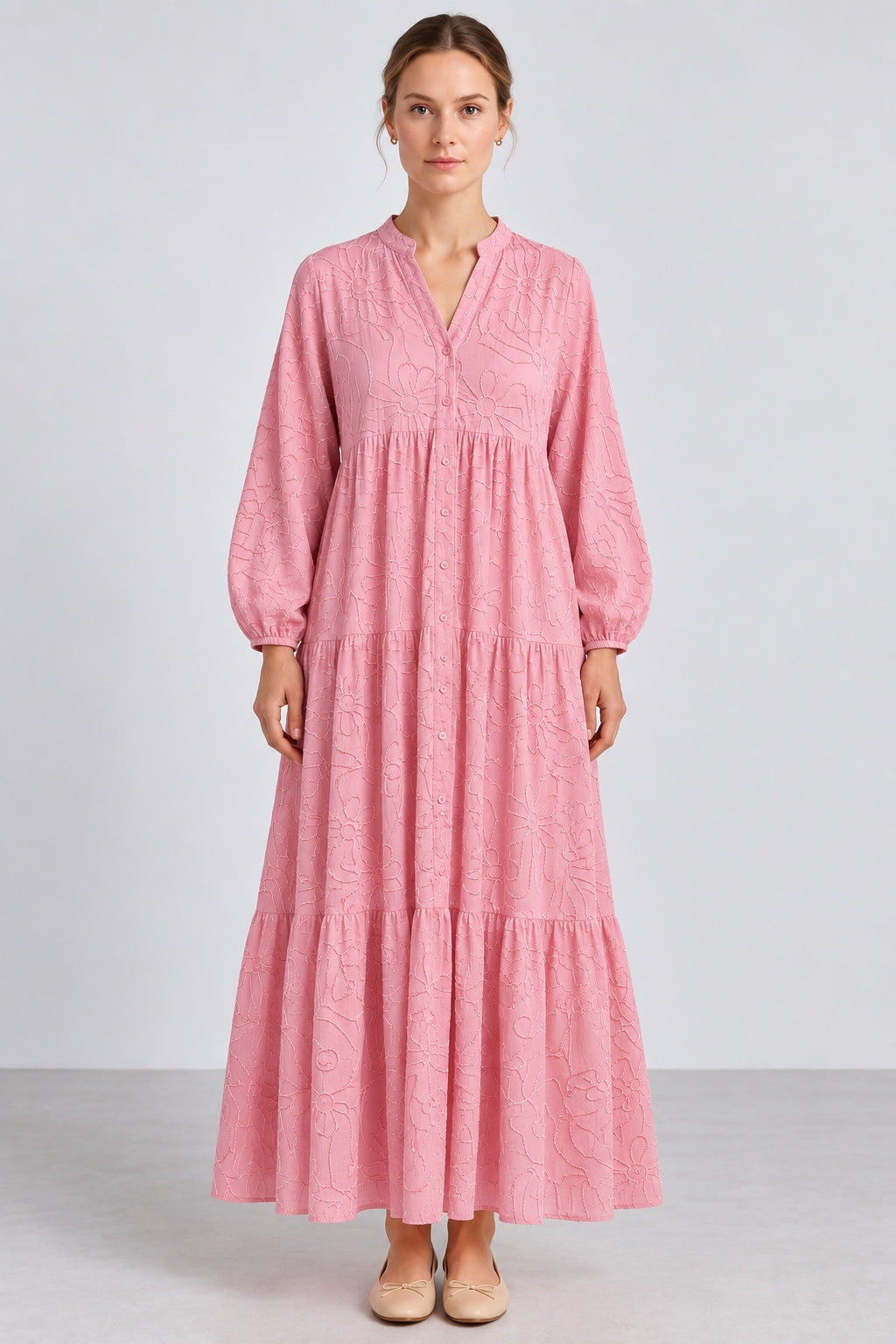 Aura | Embroidered Tiered Dress — Pink (front)