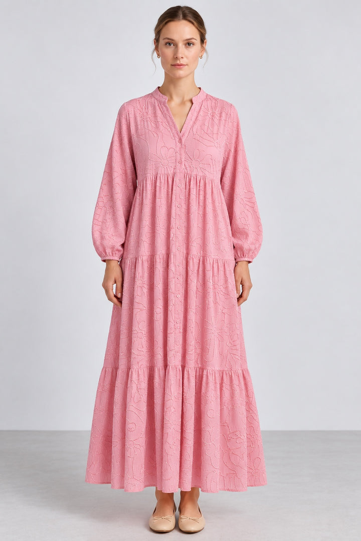 Aura | Embroidered Tiered Dress — Pink (front)