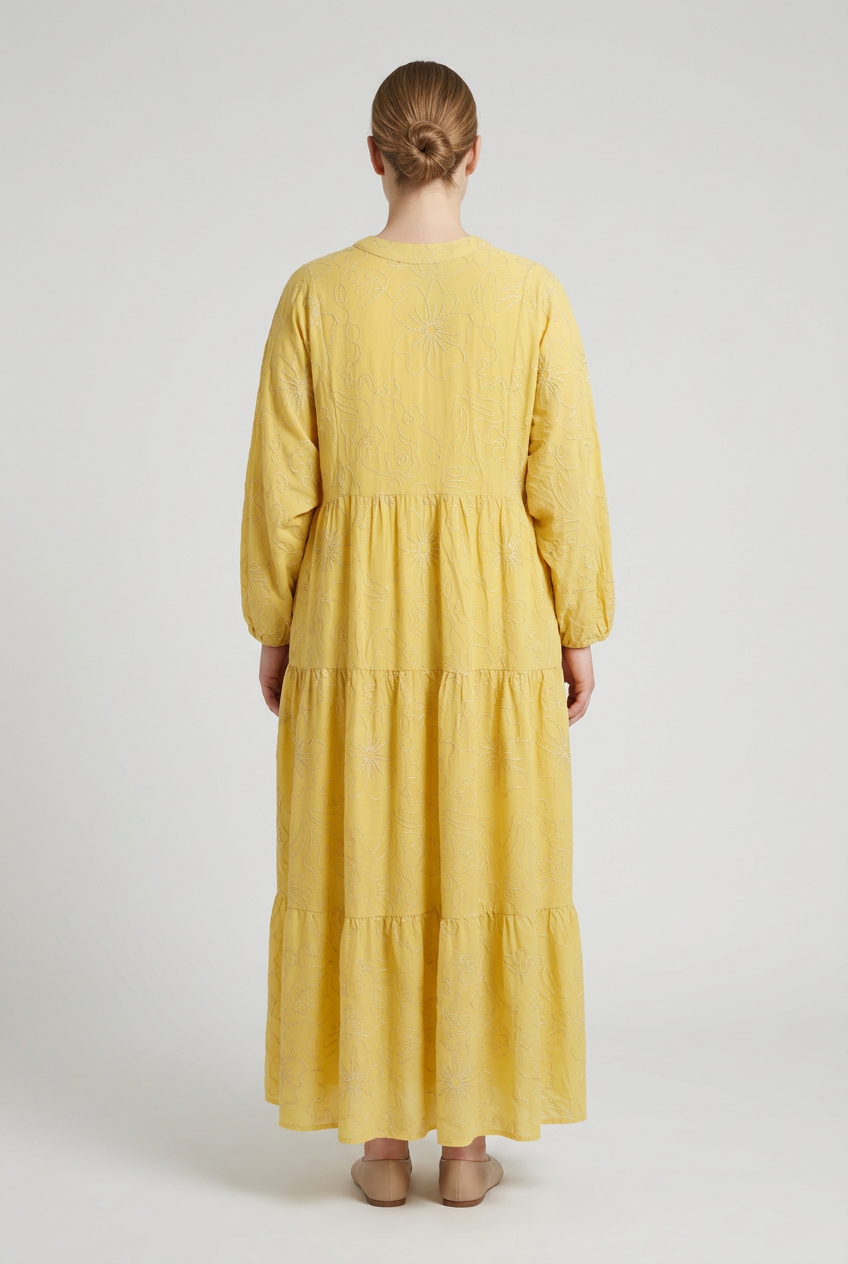 Aura | Embroidered Tiered Dress — Yellow (back)