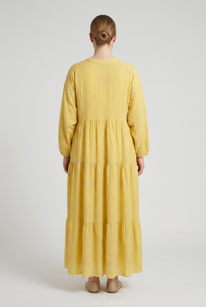 Aura | Embroidered Tiered Dress — Yellow (back)