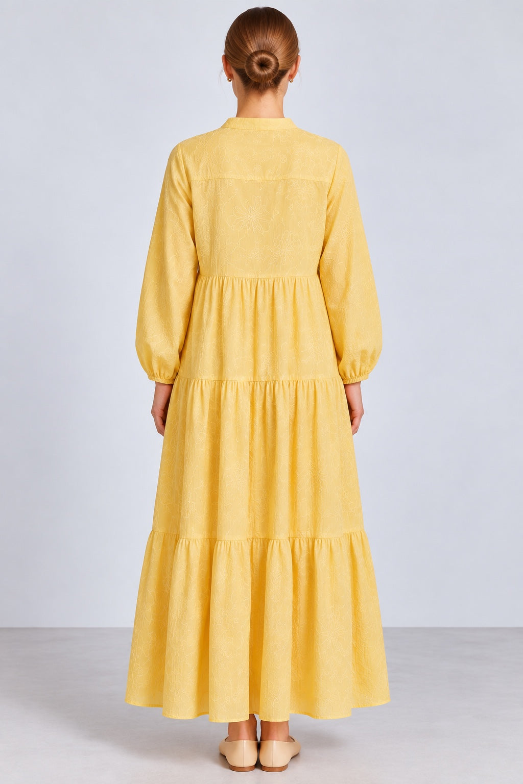 Aura | Embroidered Tiered Dress — Yellow (back)