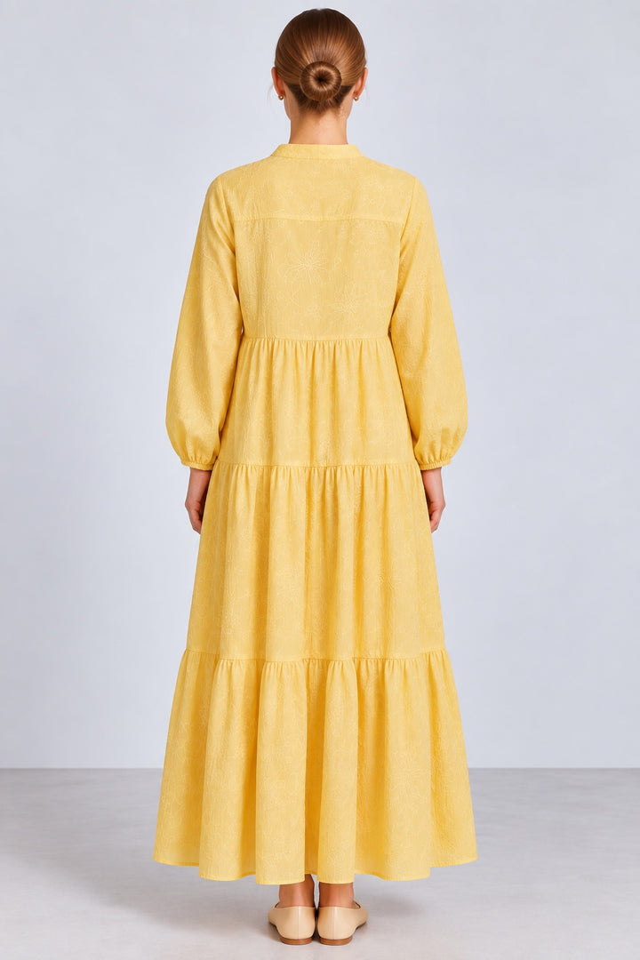 Aura | Embroidered Tiered Dress — Yellow (back)