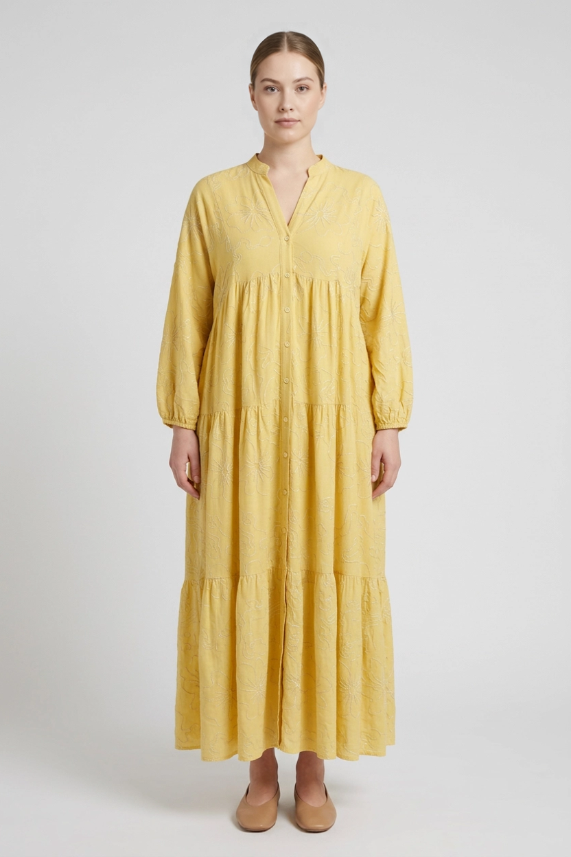 Aura | Embroidered Tiered Dress — Yellow (front)