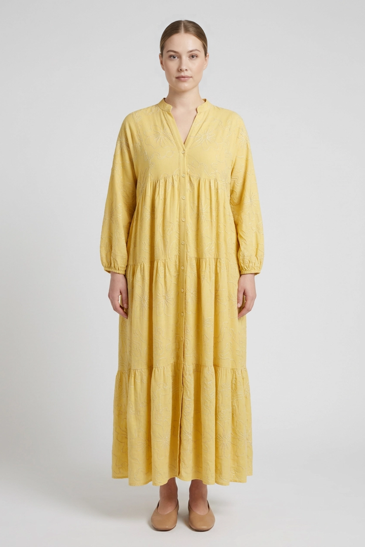 Aura | Embroidered Tiered Dress — Yellow (front)
