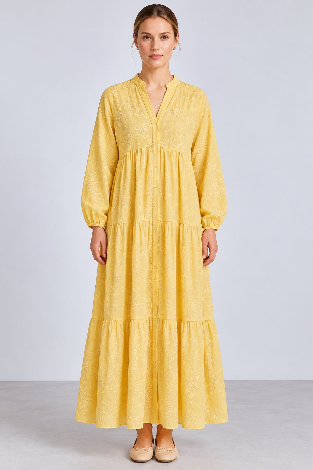 Aura | Embroidered Tiered Dress — Yellow (front)