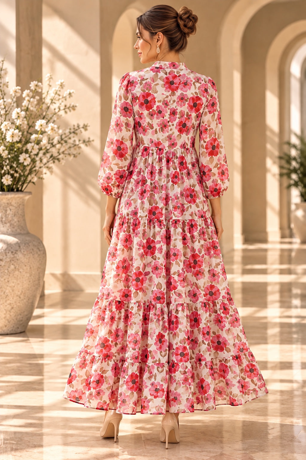 Cleo | Poppy Print Tiered Dress — Pink (back)