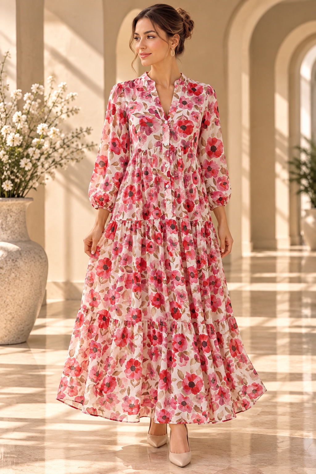 Cleo | Poppy Print Tiered Dress — Pink (front)