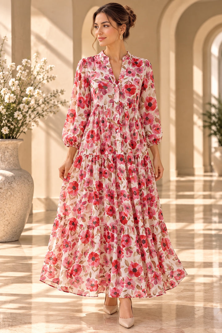 Cleo | Poppy Print Tiered Dress — Pink (front)