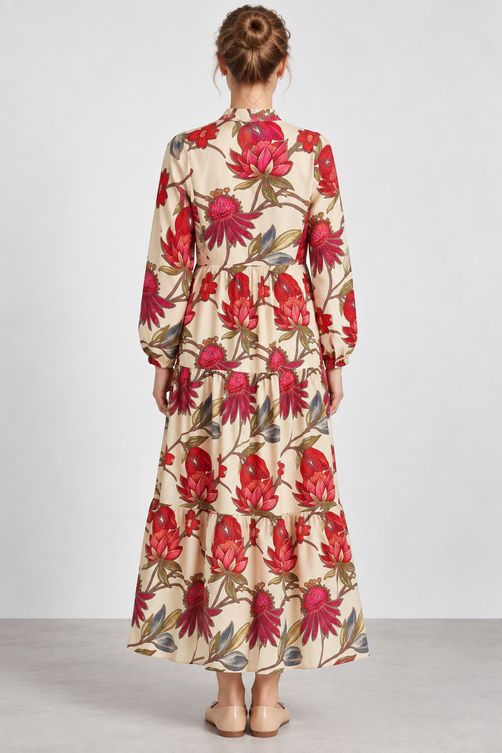 Dahlia | Tropical Floral Tiered Dress — Beige (back)