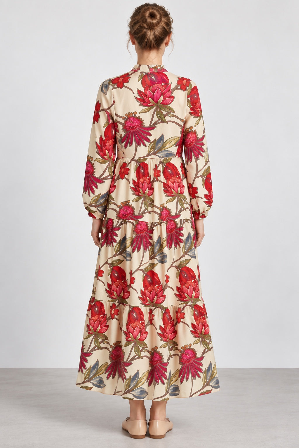 Dahlia | Tropical Floral Tiered Dress — Beige (back)