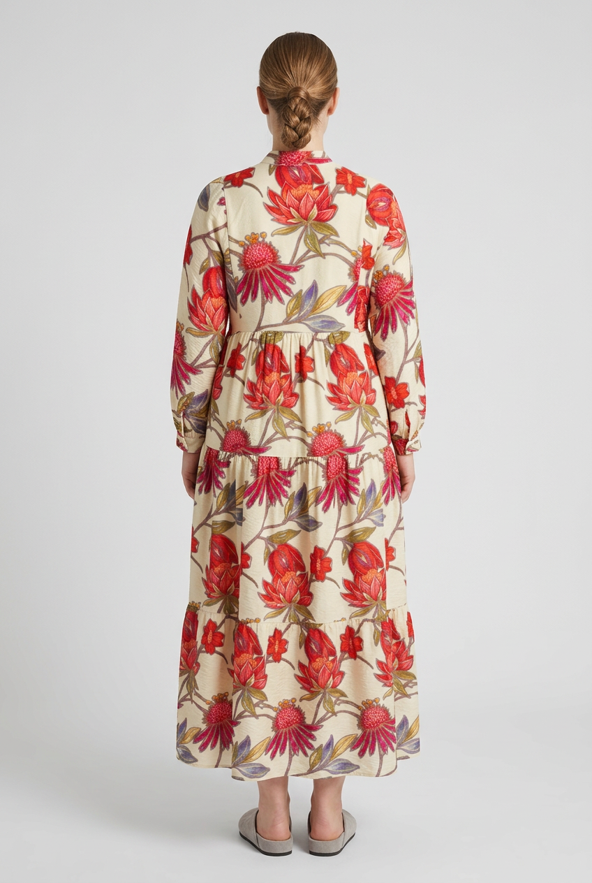 Dahlia | Tropical Floral Tiered Dress — Beige (back)