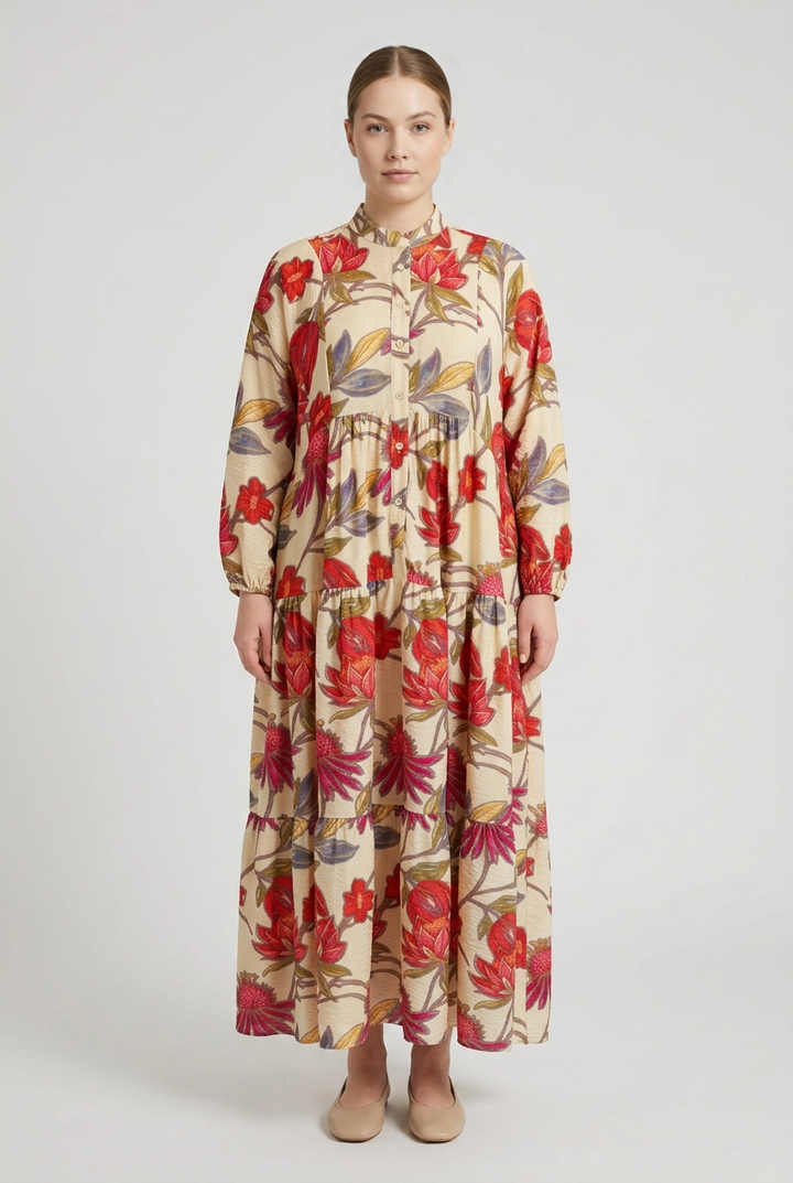 Dahlia | Tropical Floral Tiered Dress — Beige (front)