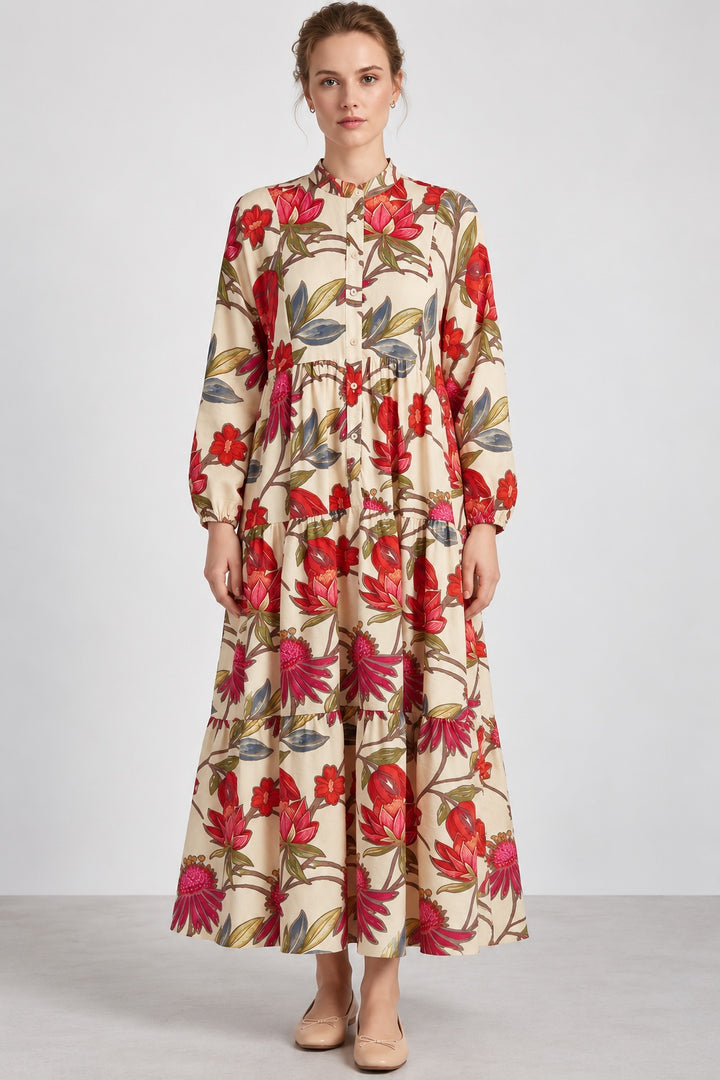 Dahlia | Tropical Floral Tiered Dress — Beige (front)